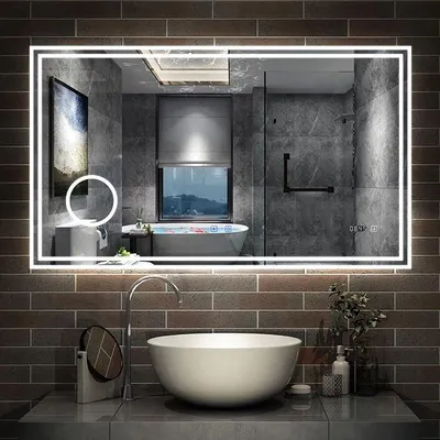 Produktbild von Badspiegel mit Bluetooth 100×60cm Schminkspiegel Uhr Kalt/Neutral/Warmweiß dimmbar Touch/Wandschalter Beschlagfrei Spiegel