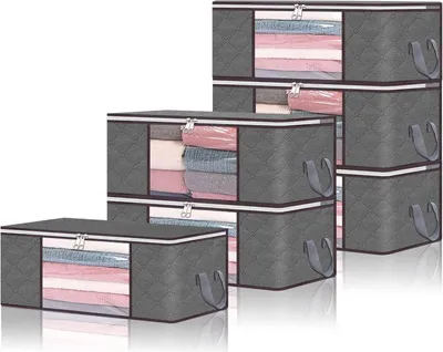 Image de Sac de rangement en non-tissé 35L Lot de 6 avec fenêtre transparente et poignées Gris