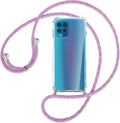 Produktbild von Handykette Backcover-Schutzhülle mit Band (Metall silberfarben) für Motorola Moto G100 - lila/rosa/blau