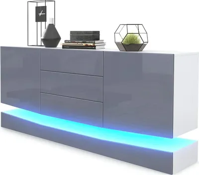 Produktbild von Vladon Sideboard City,  Germany, Weiß matt/Grau Hochglanz inkl. LED - Moderne Kommode für Ihr Wohnbereich (178 x 72 x 38 cm)