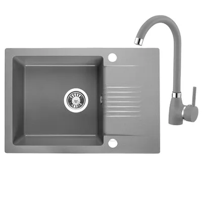 Produktbild von Design Granitspüle 1 Becken mit kurzer Abtropffläche im Set mit Granitarmatur mit U-Auslauf Grau