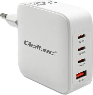 Zdjęcie produktu dla Ładowarka sieciowa Qoltec 140W GaN | 5-20V | 2.5-5A | 3 x USB-C PD | 1 x USB QC 3.0 | Biały