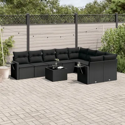 Produktbild von Design 10-tlg. Garten-Sofagarnitur mit Kissen Schwarz Poly Rattan, Gartenmöbel-Sets 2024 Neu