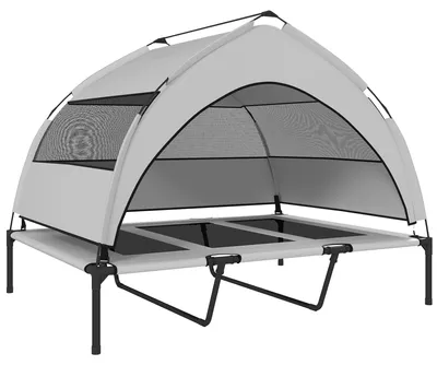 Produktbild von Hundeliege Outdoor mit Dach, Erhöhtes Hundebett für extra große Hunde, mit Stahlrahmen, 122x92x94cm, Hellgrau