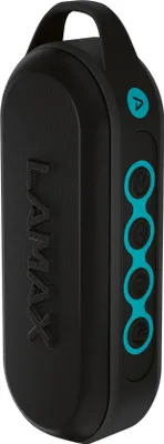 A black portable speaker with teal buttons and branding.