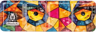 A metal tin with a colorful, abstract stained-glass design featuring stylized faces.