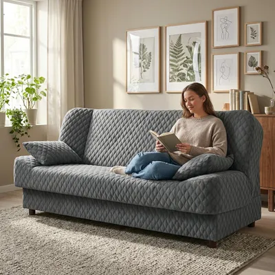 Produktbild von Schlafsofa SARA Design – mit Schlaffunktion und Bettkasten, Webstoff in Dunkelgrau, Family Meble, KI-generiertes Bild