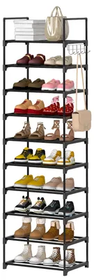 Image de Étagère à chaussures - Rangement à chaussures à 10 niveaux - Métal - Acier inoxydable - Autoportant - Gain de place - Design moderne - Idéal pour le salon