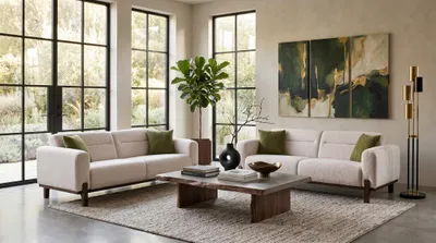 Image de Ensemble de canapé beige, comprenant deux canapés deux places, en tissu, pour un salon moderne