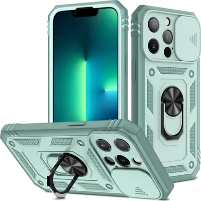 Immagine prodotto di Custodia per iPhone 14 Pro protezione fotocamera scorrevole, resistente agli urti, con supporto ad anello, supporto e portacarte verde