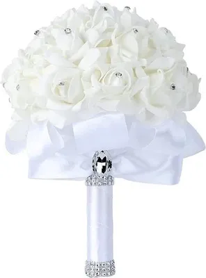 Produktbild von Famanu Brautstrauß mit Kristalldiamant-Rosen und Band - Kunstblumen für Brautjungfern (Weiß)