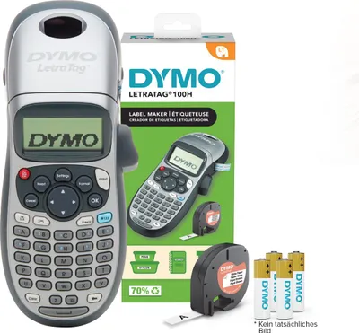 A DYMO LetraTag 100H label maker and its packaging are displayed.
