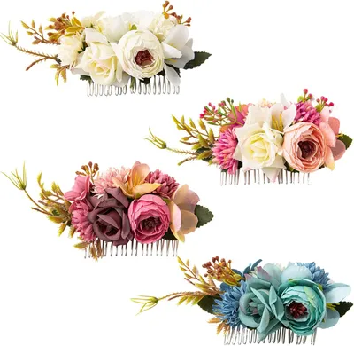 Produktbild von Set aus 4 Metall-Haarkämmen mit künstlichen Blumen für Hochzeiten, Chignons und Haaraccessoires für Damen, Mädchen, Bräute und Brautjungfern