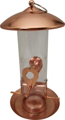 Produktbild von Dehner Natura Premium Wildvogel Futtersäule Manon, Futterstation für Wildvögel, Futterstelle wetterfest / hängend, inkl. Sitzstange, Ø 16 cm, Höhe 30 cm, Metall / Kunststoff, kupfer