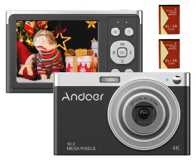 Zdjęcie produktu dla Andoer Przenośny aparat cyfrowy 4K, kamera wideo, 50 MP, 2,88 cala, ekran IPS, autofokus, 16-krotny zoom (8-krotny optyczny i 8-krotny cyfrowy), wykrywanie twarzy, wbudowana lampa błyskowa z 2 bateriami, prezent świąteczny dla dzieci i nastolatków