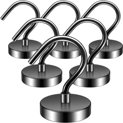Produktbild von Unyqoos® 6er-Set schwarze Magnethaken mit Neodym-Magneten – 12 kg Tragkraft, rostbeständige Ni‑Cu‑Ni-Beschichtung, ohne Bohren für Haushalt & Reise