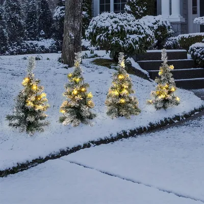 Produktbild von 4x LED künstlicher Weihnachtsbaum in Schnee-Optik, 49 cm hoch, mit Lichterkette, Outdoor Christbaum, Gartendeko für Draußen mit Beleuchtung