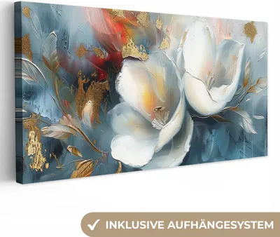 Zdjęcie produktu dla MuchoWow® - Obraz na płótnie - Kwiaty - Biały - Złoty - Sztuka - Abstrakcja, fototapeta, dekoracja ścienna obrazy salon, 80x40cm