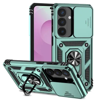 Immagine prodotto di Custodia per Samsung Galaxy S26 custodia a doppio strato con copertura scorrevole per fotocamera e supporto ad anello verde