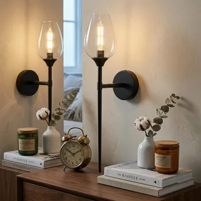 Produktbild von 2x Wandleuchte Glas Schwarz Modern Wandlampe Kelchform Glaslampenschirm Kristall Dekorative Innenbeleuchtung inkl. E14 Leuchtmittel Wandlicht für Schlafzimmer Badezimmer Wohnzimmer 60cm