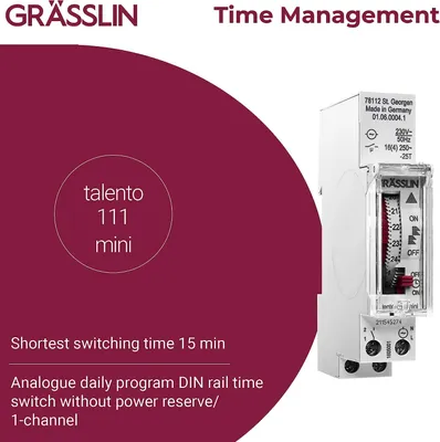 Obrázok produktu pre GRÄSSLIN 01.06.0004.1 talento 111 Mini – analógový časový spínač s denným programom I 1 kanál I 1TE I montáž na DIN lištu I bez rezervy chodu I denný časový spínač I LED 300 W I žiarovka a halogén 1000 W