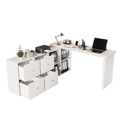 Produktbild von Ecktisch, Tischplatte 360°schwenkbar- L-förmig oder gerade aufstellbar,Tischplatte und Beine 4cm verstärkt, mit 4 Fächern, 4 Schubladen-Schreibtisch