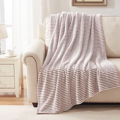 Immagine prodotto di Coperta Unyqoos®, a doppio strato in pile Sherpa e flanella, con texture 3D, estremamente morbida e calda, motivo a righe, dimensioni 228,6 x 228,6 cm