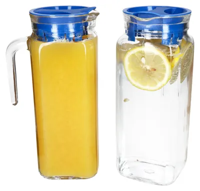 Produktbild von 2x KARO Kühlschrankkrug mit Deckel blau 1L Henkel Glas-Karaffe Kanne Saft Wasser