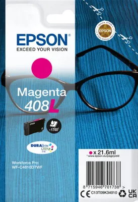 Zdjęcie produktu dla Epson 408L - 21,6 ml - Magenta - oryginalny - opakowanie blistrowe - wkad atramentowy - do WorkForce Pro WF-C4810DTWF (C13T09K34010)