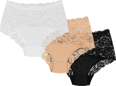 Produktbild von Wolbar Dame Slip 3er Pack Bund Pantys Spitze Elegant Unterhose Unterwäsche WB414, beige-weiß-schwarz, XL