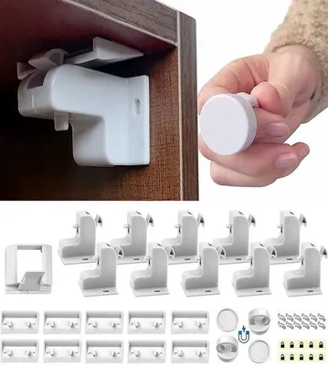 Productafbeelding van Unyqoos® Kinderslot – Magnetische vergrendelingsset, 10 stuks voor kasten en lades, 2 sleutels + 2 bevestigingshulpmiddelen, onzichtbaar, zonder boren, geschikt tot 35 mm