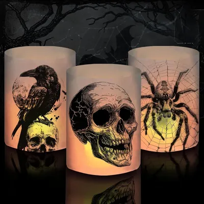 Productafbeelding van Windlicht, Halloween, schedel, kraai, spin, kaarsen, Halloween decoratie