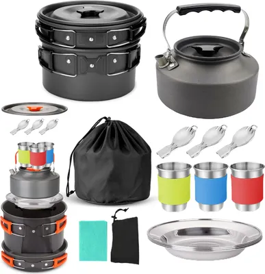 Produktbild von Camping-Kochgeschirr-Set, Outdoor-Kochausrüstung für Camping, Wandern und Picknicks für 2–3 Personen, All-in-One-Kompakt-Camping-Kochset