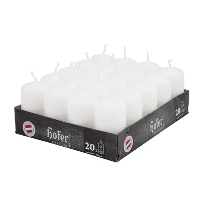 Obrázok produktu pre Hofer Stĺpové Sviečky - Doba horenia 11 hodína - Biela Farba - 20 kusov Rozmery 4 x 7 cm Voskové Sviečky Bez Vône Candles Biele