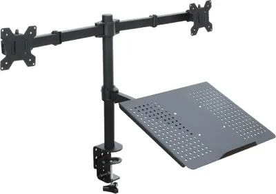A black dual monitor desk mount with a laptop tray, clamped to a surface.
