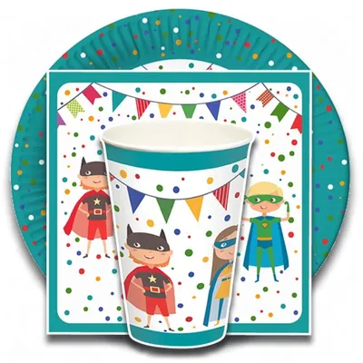 Produktbild von tradingbay24 Party-Set Superhelden (60-teilig: Servietten, Teller, Becher) tbK0050 Superheroes Einweg-Party-Set Party-Deko-Set für Jungen