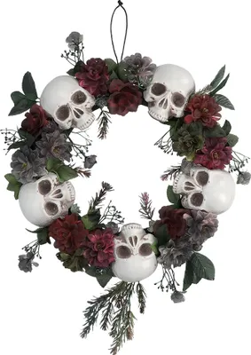 Produktbild von Halloween-Türdekoration: Blumenkranz mit Totenköpfen (40,5 x 40,5 x 7 cm)