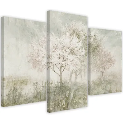 Zdjęcie produktu dla Obraz tryptyk na płótnie, Kwitnące drzewo na łące 120x80 cm Feeby beżowy obraz na ścianę gotowy do powieszenia