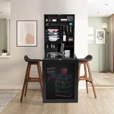 Produktbild von Klapptisch mit Tafel, Bartisch Holz mit 3 Haken, Wandtisch klappbar Keine Montage, Esstisch wandmontiert für Küche Büro (schwarz)