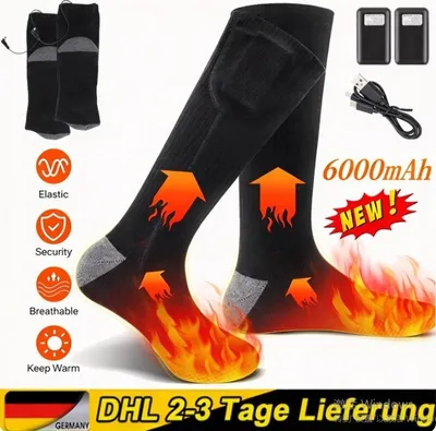 Imagen del producto de Calcetines calefactables con 2 baterías de 6000 mAh. Calentadores de pies eléctricos y recargables de lana, con doble hilo calefactor y 4 niveles de