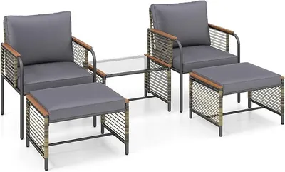 Productafbeelding van Tuinset, rieten loungeset voor 2-4 personen, zitgroep met glazen tafel, 2 stoelen, een voetenbankje en kussens, loungeset voor tuin, balkon en terras (grijs)