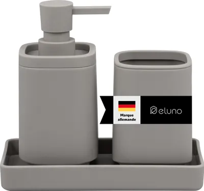 Image de Ensemble d'accessoires de salle de bain eluno VALONA 3 pièces comprenant 1 distributeur de savon, 1 gobelet, 1 coupelle, en plastique taupe