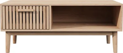 Image de UnboxG Table basse en bois naturel, design rotin avec 1 tiroir, table de salon style boho, table d'appoint avec espace de rangement