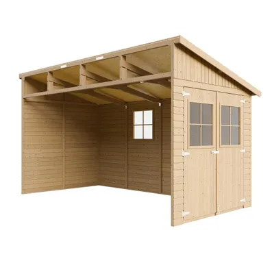A wooden garden shed with an open side and double doors, presented against a white background.