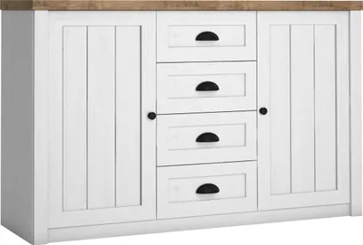 Produktbild von Furniture24 Kommode 130 cm Prowansja K4S Sideboard 2 türiger mit 4 Schubladen Kiefer Weiß/Lefkas Eiche