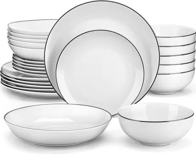 Zdjęcie produktu dla 48-częściowy serwis obiadowy z czarnym obramowaniem, serwis kombinowany z porcelany, zestaw naczyń dla 12 osób