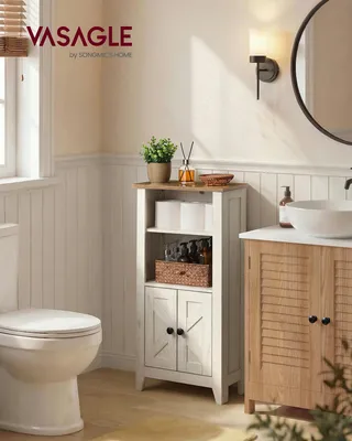 Produktbild von VASAGLE Badezimmerschrank im Landhausstil, Badschrank, offene Fächer, mit Türen, weiß-braun