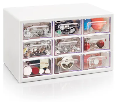 Produktbild von Aufbewahrungsbox mit 9 Schubladen, stapelbare Schreibtischschubladeneinheit für Bastelbedarf, transparenter Schreibtischorganizer für Make-up, Schmuck und Bürobedarf.