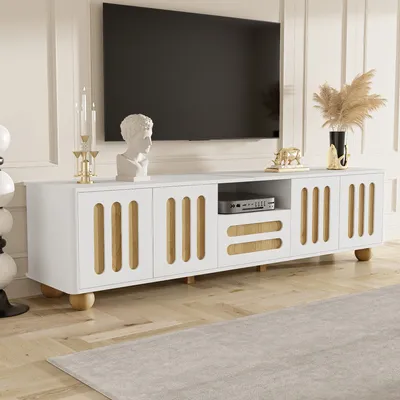 Produktbild von AIORBER TV-Schrank, LED-Licht, großer Stauraum, mit 4 Türen, 1 Schublade, Holzoptik, kugelförmige Füße, für Wohnzimmer, 180x40x47 cm, Weiß