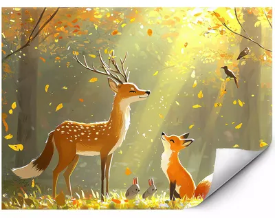 Produktbild von Selbstklebende Fototapete Waldfreunde im Herbstwald 300x210 cm, KI-generiertes Bild